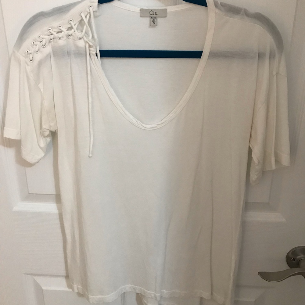 White T shirt with Lace up shoulder detail